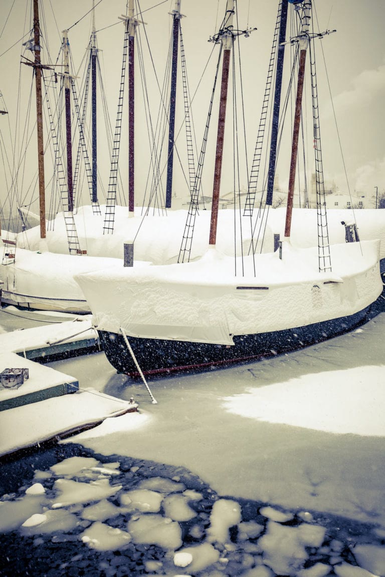 schooners in snow, rockland maine